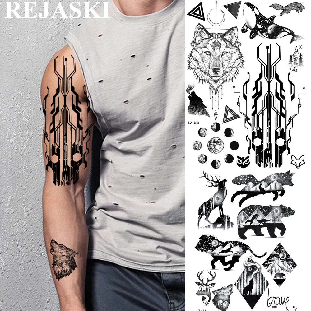 

REJASKI 3D Circuit Board Geometric Tribal Wolf Temporary Tattoos Sticker Planets Black Tattoo Triangle Art Custom Tatoos For Men