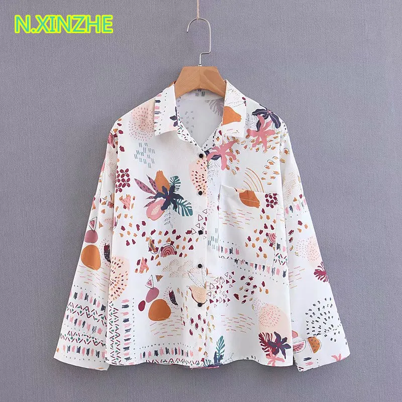 2019 Женская одежда нескромная блуза с длинным рукавом и отворотом принтом топы