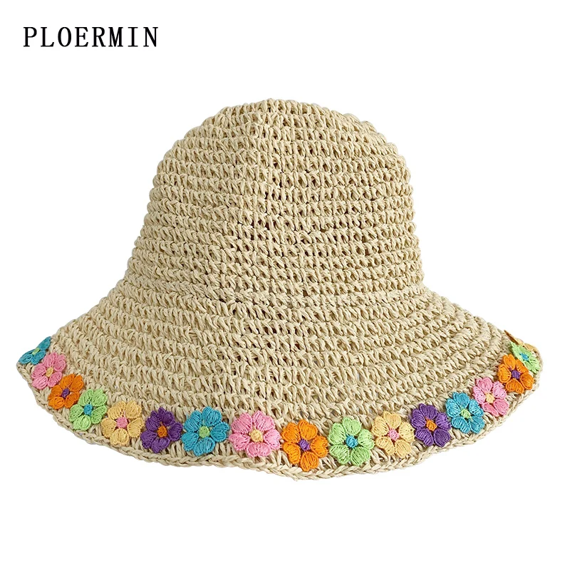 

Summer Hats For Women Colorful flowers Handmade Straw Hat Foldable Panama Beach Hat Ladies wide brim Sun Hat Chapeu Feminino