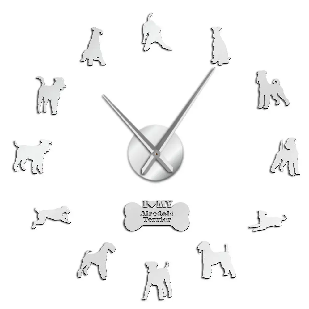 Silver Airedale терьер фигурка собаки Современная DIY настенные часы животные собаки Домашние животные компаньоны лазерная резка тихие развертки часы - Цвет: Silver