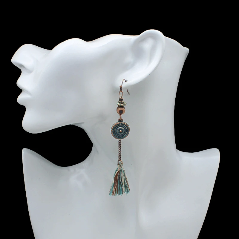Retro Ethnic Green bronze Earrings Long Tassel Cotton thread Bohemian hook for Women Drop Fringed Earring | Украшения и