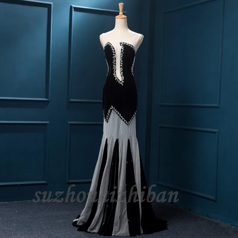 Sheer Neck Evening Dresses Tulle Velvet Crystal Beads Floor Length Vestido De Festa Backless Prom Dress Mermaid | Свадьбы и
