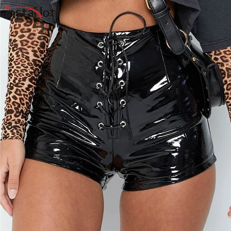 InstaHot Lace Up Elastic Waist Pu Leather Shorts Summer Black Red Sexy Fashion Tie Up Shorts Streetwear Club Clothing Lady