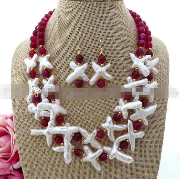 18 &quot2row белый крест жемчуг красный шарик Цепочки и ожерелья Серьги комплект |