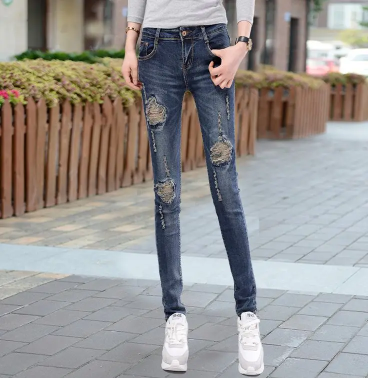 

2016 Spring Summer Ripped Jeans for women Female Denim Pencil Pants Skinny Trousers Femme Bottoms Dark Blue Holes Vintage