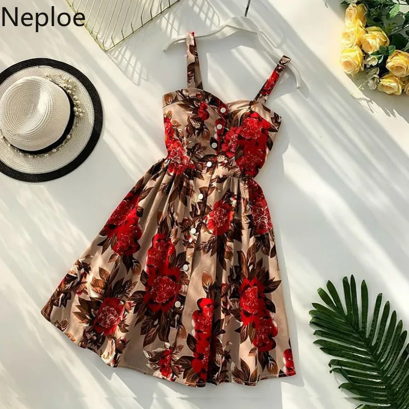 Neploe Boho, женское платье с цветочным принтом, летнее, на тонких бретелях, с v-образным вырезом, Vestidos, модное ретро пляжное платье для вечеринки, 45338