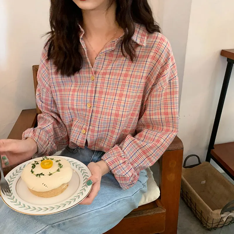 2 цвета Лето 2019 в Корейском стиле свободные плед Длинные рукава блузки женские