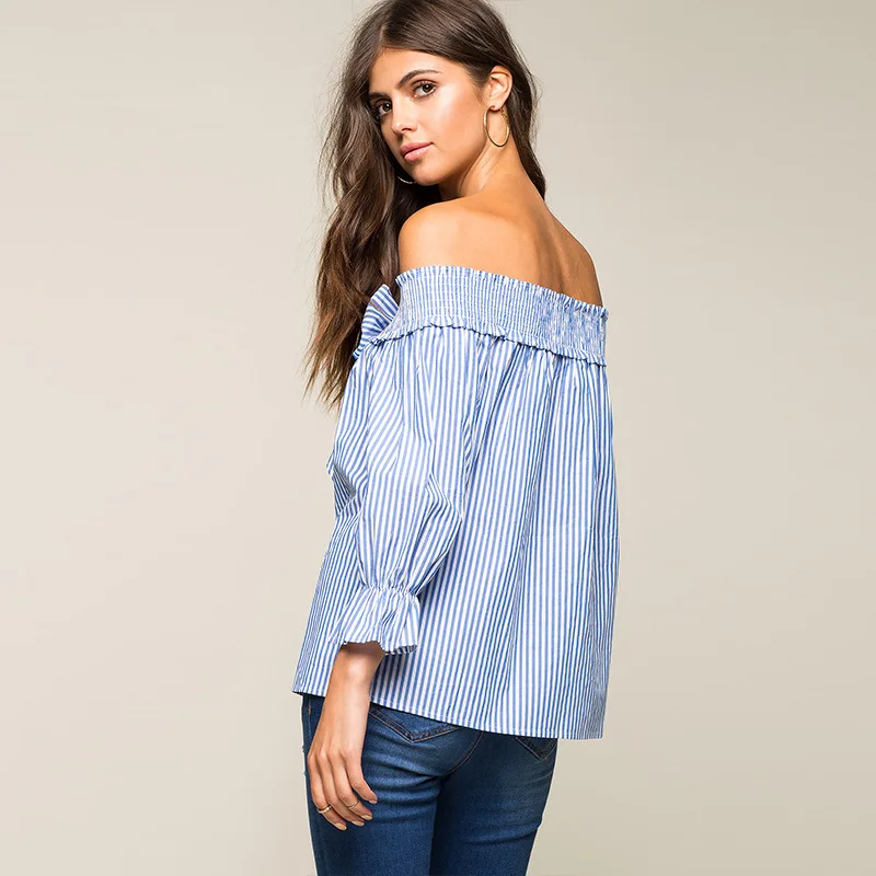 Мода Блузка Рубашка Женщины 2017 Весна Синий И Белый Полосатый Рубашки Женщин
