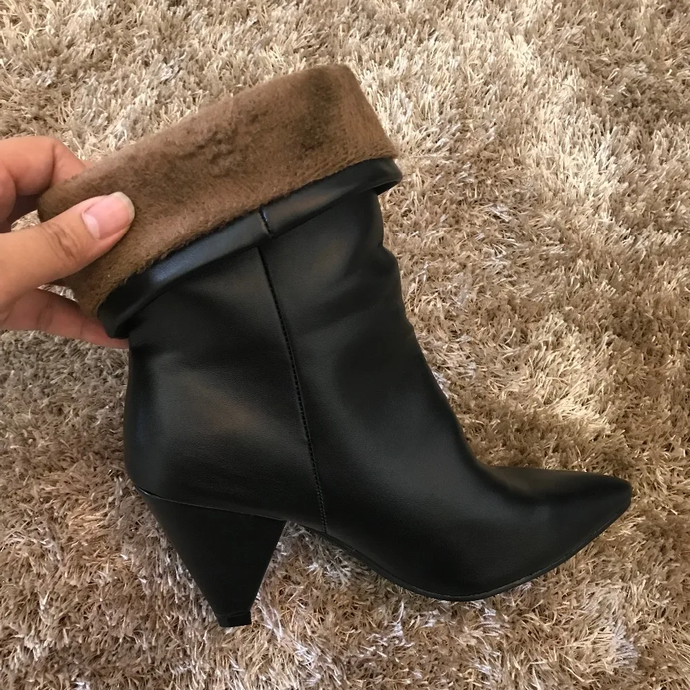 Женские сапоги на высоком каблуке теплые до середины икры с мехом для зимы и