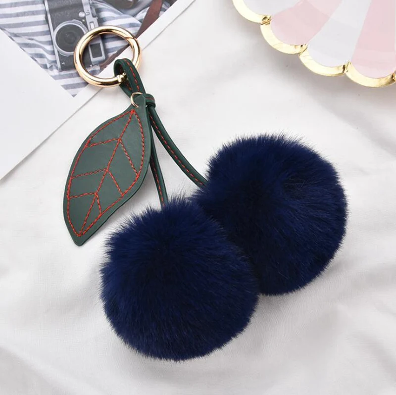 Navy blue Милый фруктовый брелок с вишней подвески для женщин кошелек сумка двойной шарик-помпон лист брелок пушистый искусственный мех автомобильный брелок - Цвет: Navy blue