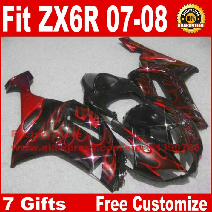 

Plastic fairings set for Kawasaki Ninja 636 ZX6R 2007 2008 ZX-6R 07 08 red flames in black fairing body kit AV84 +7 gifts