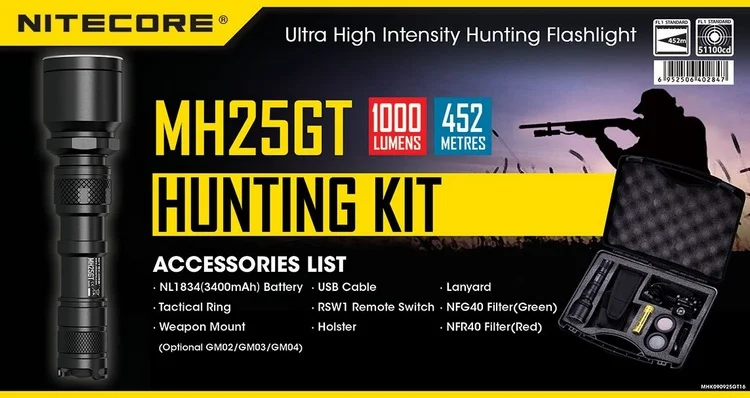 TOPSALE NITECORE 1000 люмен CREE XP-LH светодиодный MH25GT охотничий набор, снаряжение для охоты, для силовых органов, военный поисковый фонарь, набор фонарей