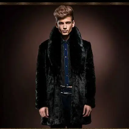 Мужская теплая длинная куртка из искусственного меха пальто с воротником черной
