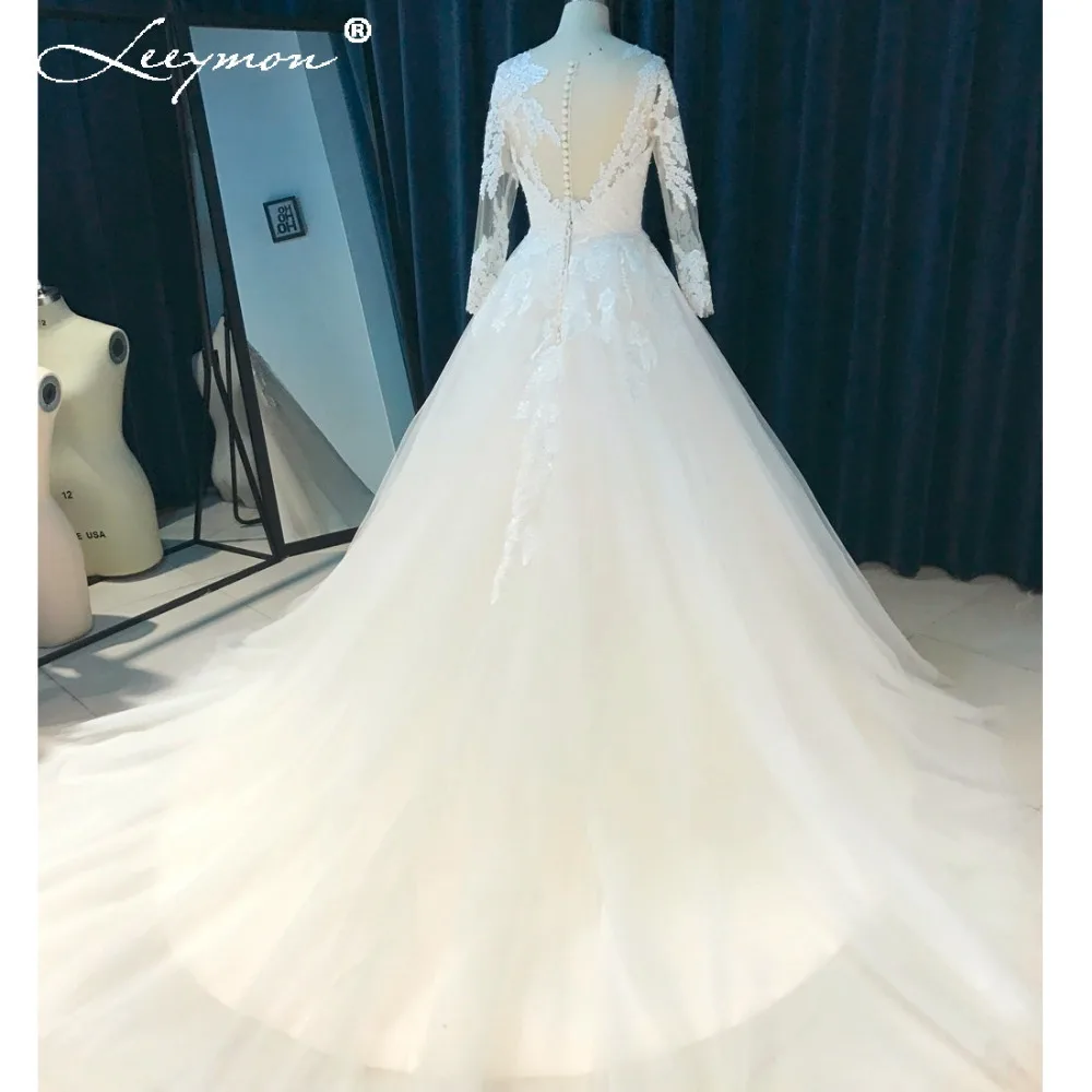Leeymon с длинными рукавами кружева свадебное платье 2017 Sheer V обратно плюс размер Vestido