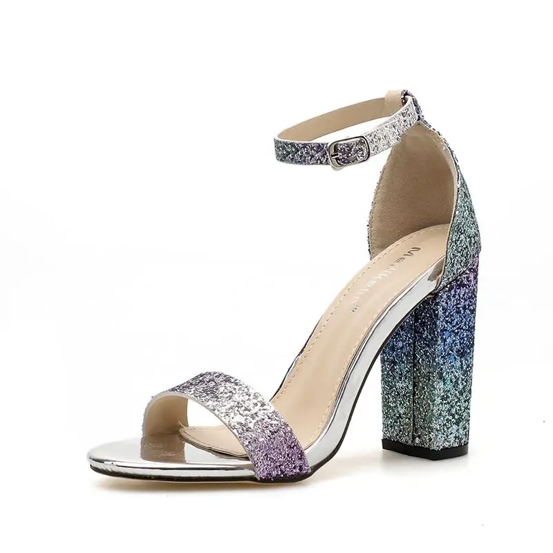 Сверкающие женские Обувь на высоком каблуке сандалии лето из флока с пряжкой не