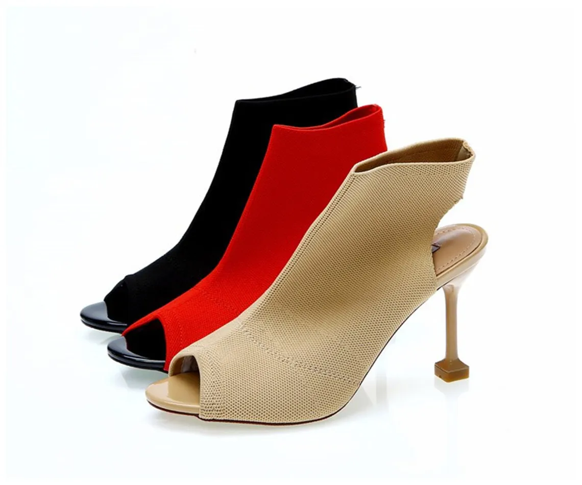 

New Women Sandals Shoes Fashion Knitted Fabric Slip-On Shallow 8cm Thin High Heel Peep Toe Solid Lady Casual Female Pumps Shoes