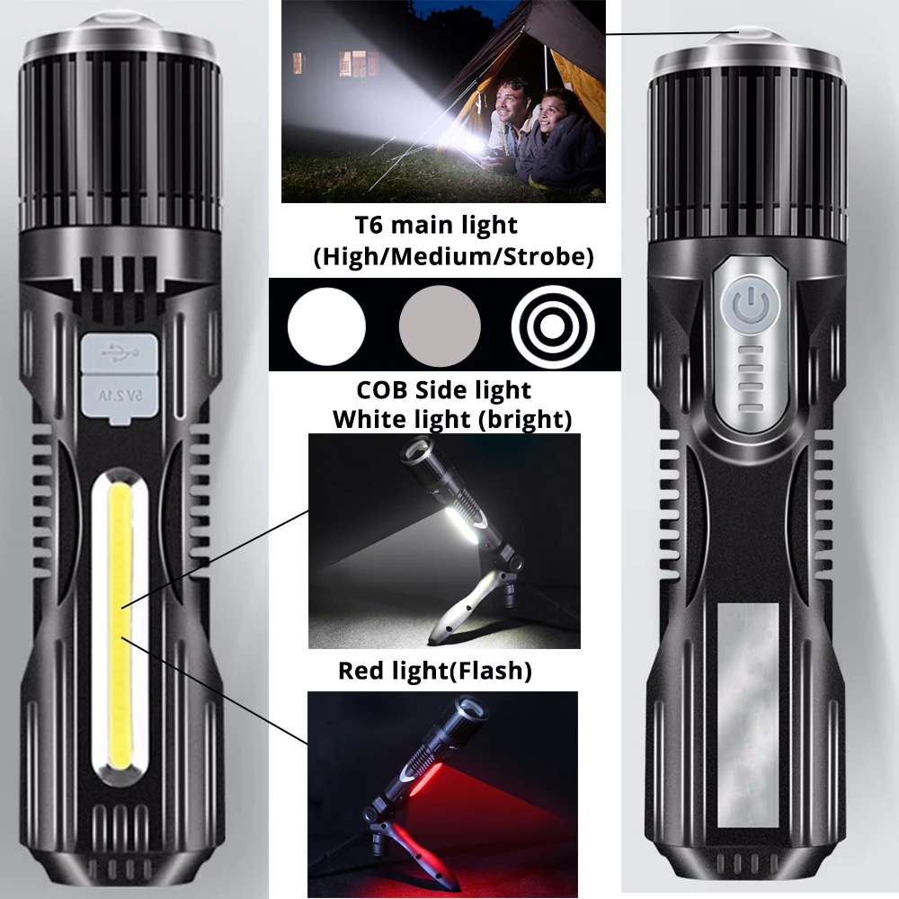 USB Rechargeable LED Flashlight Waterproof Torch USB Interface To Charge The Phone Zoomable 5 Lighting Modes Super Bright