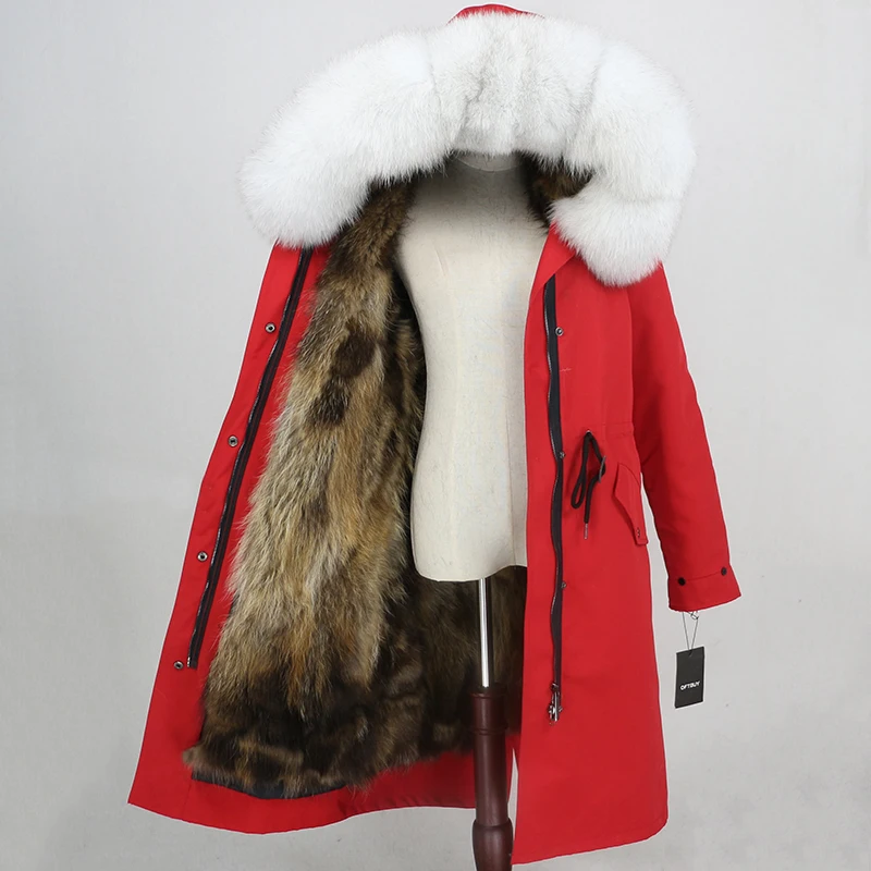 red natural white Пальто с натуральным мехом, бренд X-long Parka, водонепроницаемая ткань, верхняя одежда, зимняя куртка для женщин, натуральный Лисий мех, капюшон, подкладка из лисьего меха, отстегивается - Цвет: red natural white