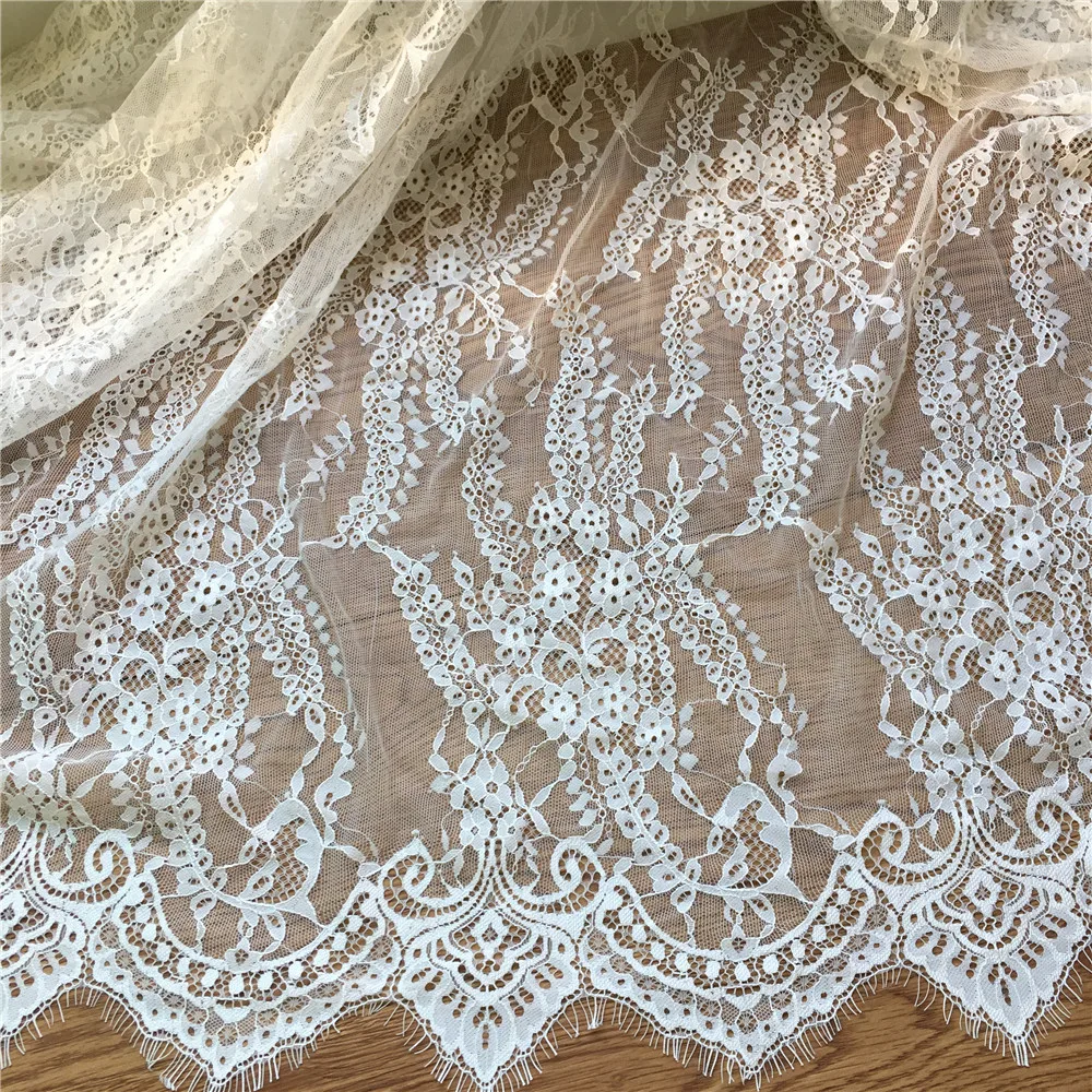 

3Meters/Lot French Eyelash Lace Fabric Soft Nylon Flower Embroidery Lace Garment Wedding Dress Accessories 150cm Wide