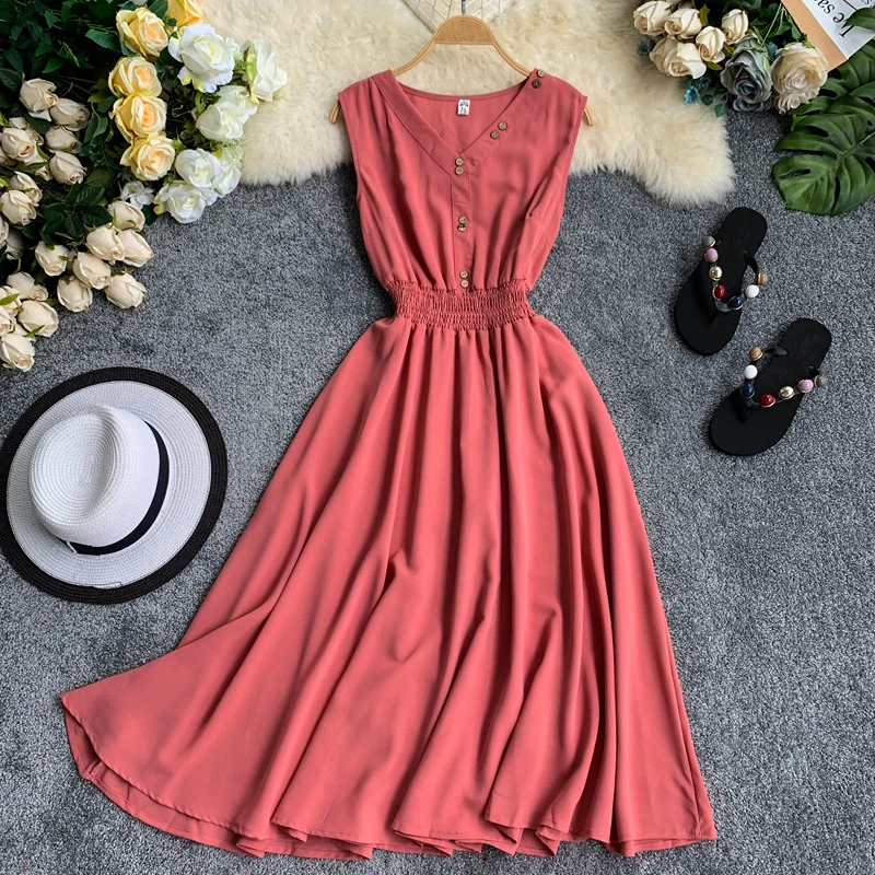 Летнее шифоновое платье для женщин новинка 2019 модное однотонное без рукавов с