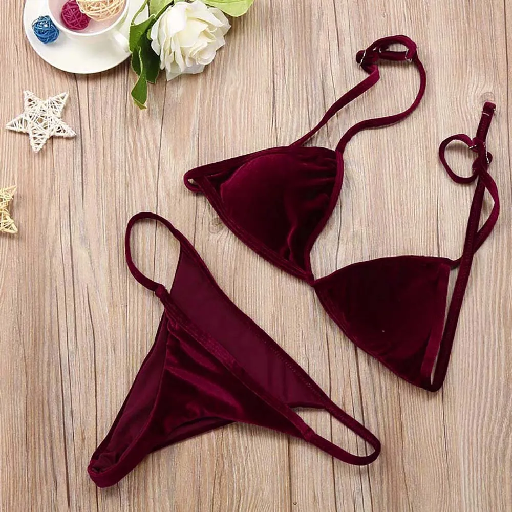 2017 бразильский Женский бархатный комплект бикини купальник с лямкой через шею