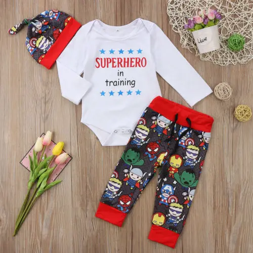 3Pcs Newborn Baby Boys Girls Super hero Clothes Romper Playsuit Pants Outfits Set | Детская одежда и обувь