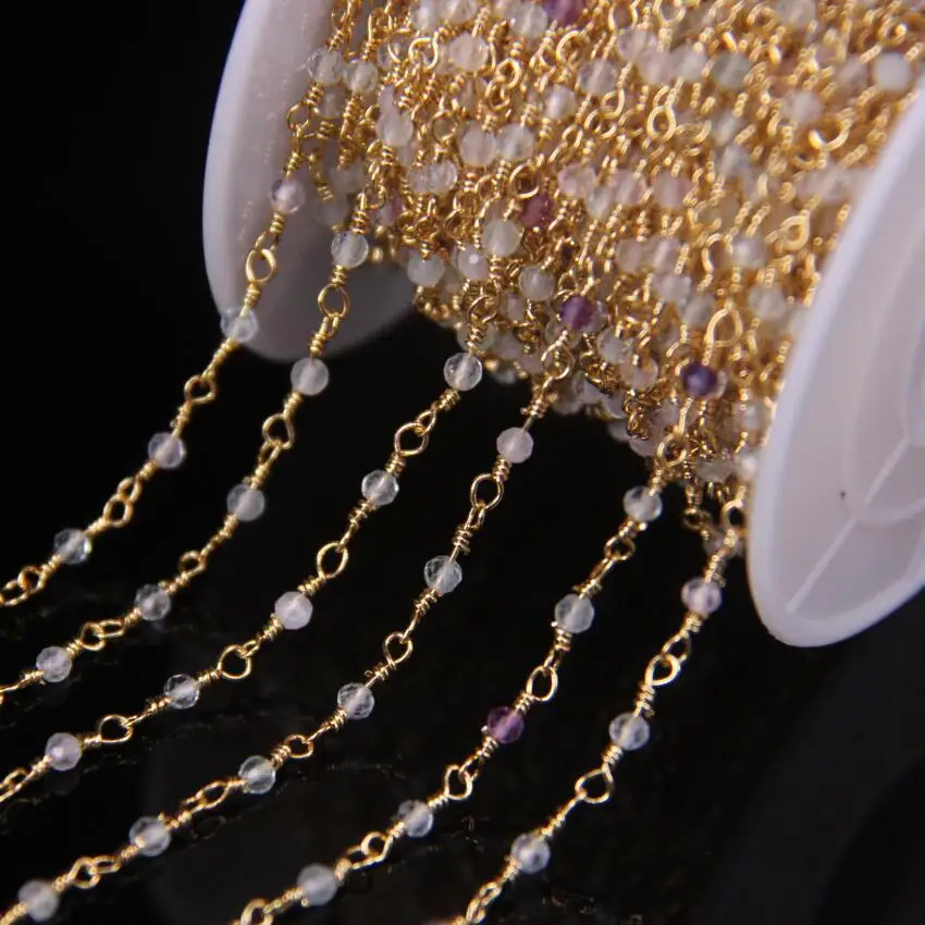 

5Meter 2mm Natural Rainbow Fluorite Faceted Round Beads Rosary Chain,Gold Brass Wire Wrapped Necklace Bracelet Sweater Chains