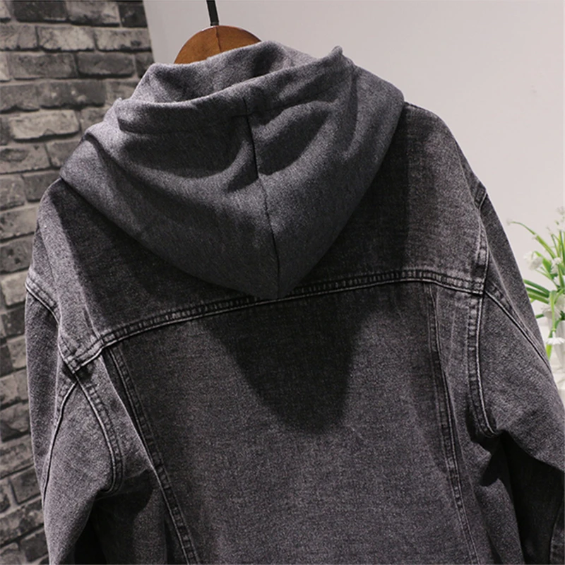 Весенне осенние новые женские черные свободные джинсовые куртки с капюшоном