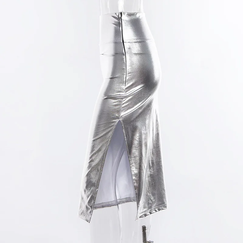 Женская облегающая юбка миди с высокой талией серебристые блестящие