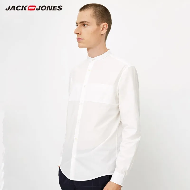 BRIGHT WHITE JackJones Мужская хлопковая Повседневная рубашка с воротником-стойкой с длинными рукавами Мужская одежда | 218305520 - Цвет: BRIGHT WHITE
