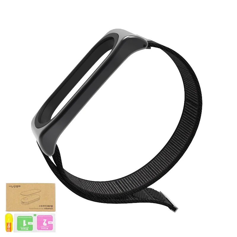 Black add film Для Xiaomi mi, 3 ремешка, браслет, силиконовый нейлоновый браслет, смарт-браслет, аксессуары, ремешок на запястье и mi Band 3, металлический чехол - Цвет: Black add film