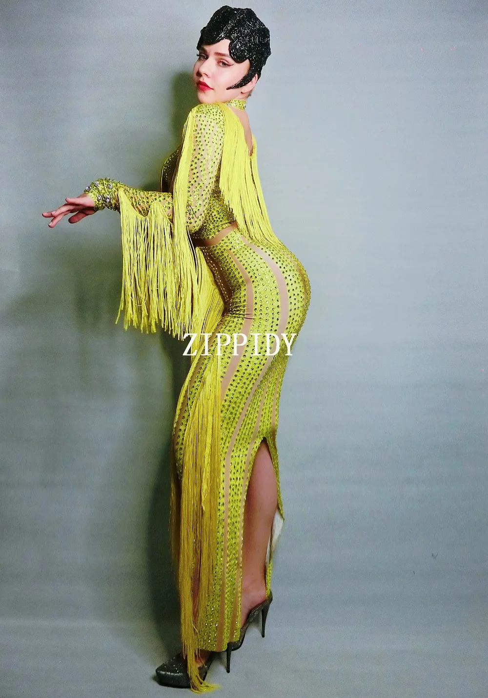 Модное желтое платье с бахромой и стразами женское вечернее сексуальное длинное