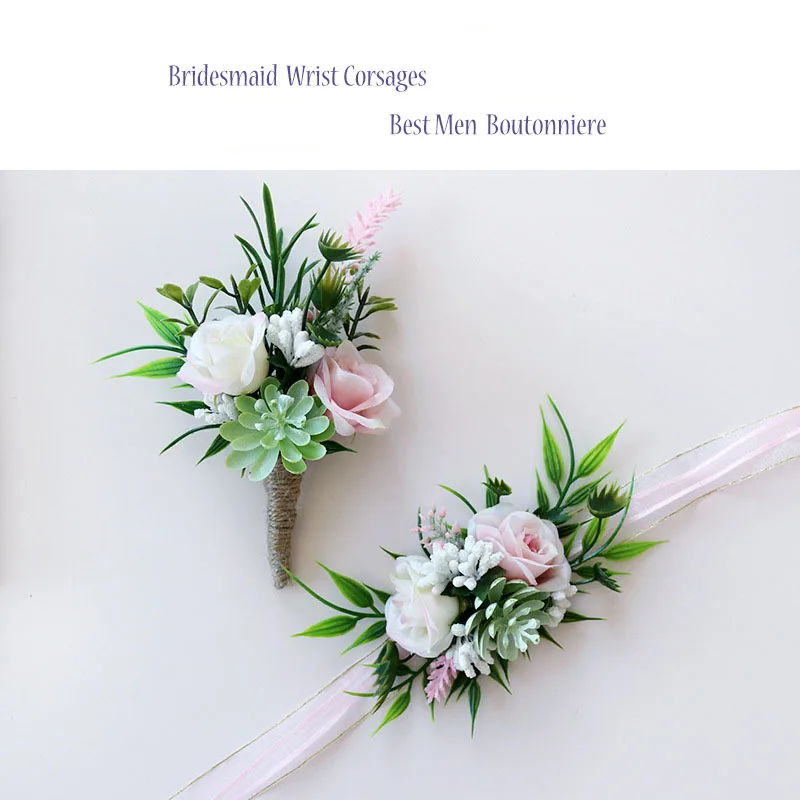 

Fresh Beauty mariage rose Wrist Corsages Hand Flower Artificial Brides Bridesmaid wrist flowers Best men Boutonniere ZHF02