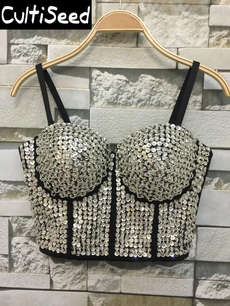 Женский корсет с блестками и бусинами для вечеринки Бюстье на груди топ