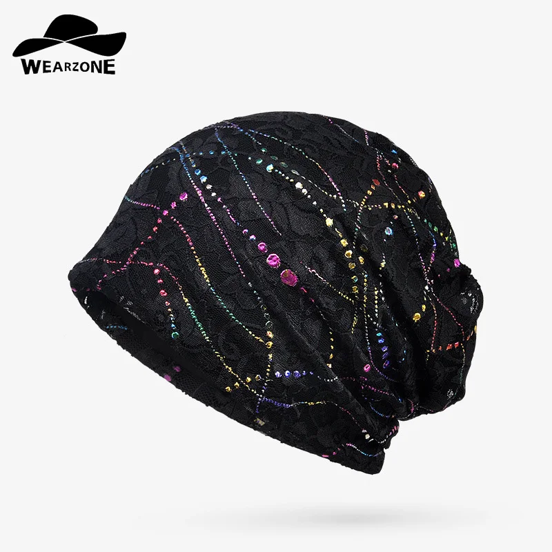 

WEARZONE Brand Autumn Winter Caps Women Lace Hedging Skullies Cap Colorful Hat Knitting Jacquard Double Layer Of Cotton
