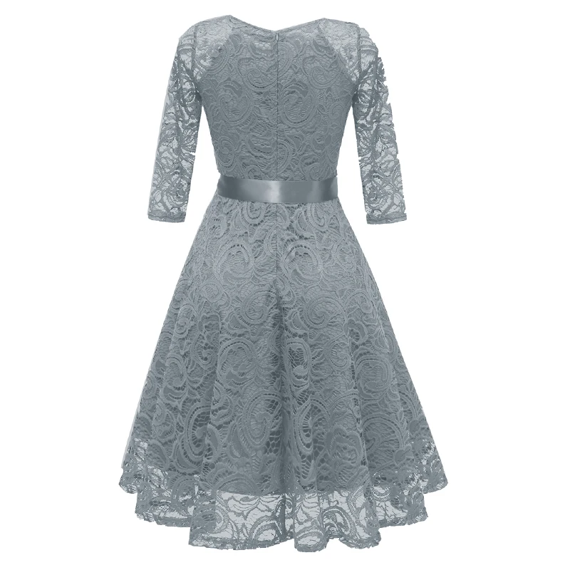 1950s винтажное платье, женское кружевное платье, вязаное крючком кружевное плиссированное платье, v-образный вырез, рукав 3/4, пояс, элегантное ТРАПЕЦИЕВИДНОЕ свободное вечернее платье