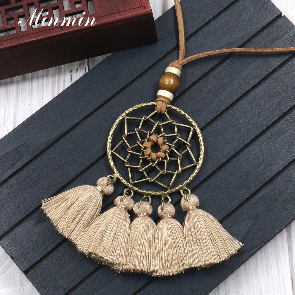Minmin Indian Ethnic Big Dreamcatcher Pendant Long Leather Rope Necklaces Women Bohemian Tassel Fashion Jewelry MXL159 | Украшения и