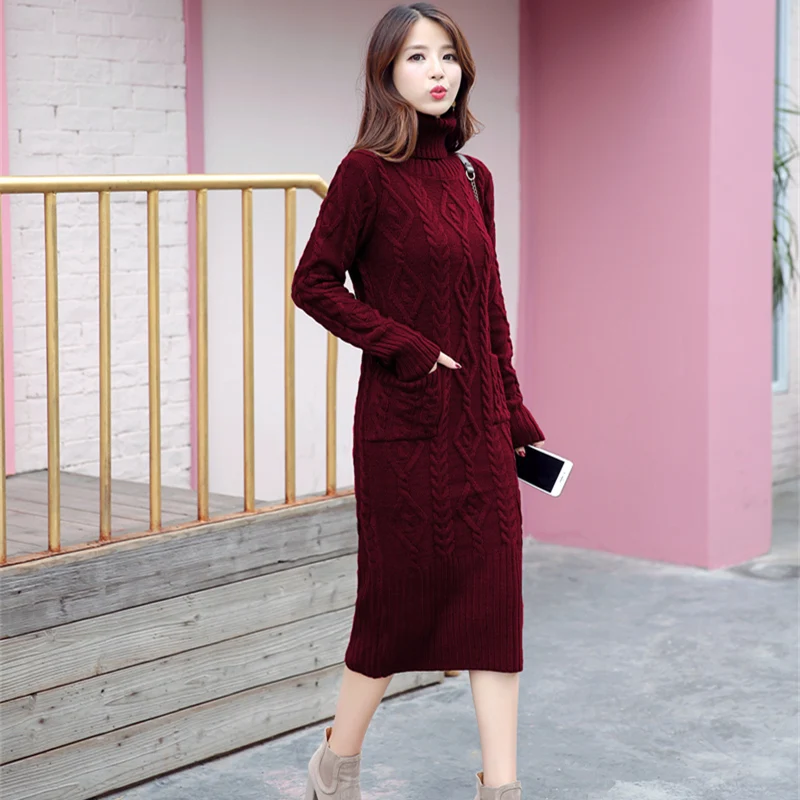 2018 осенне зимнее плотное теплое длинное платье свитер с высоким воротом женское