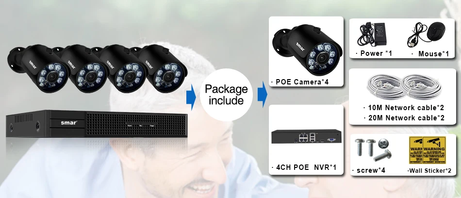 Smh.265 4CH POE NVR комплект 1080P камера безопасности Система 4CH с 2MP POE ip-камера комплект видеонаблюдения настоящая Plug and Play