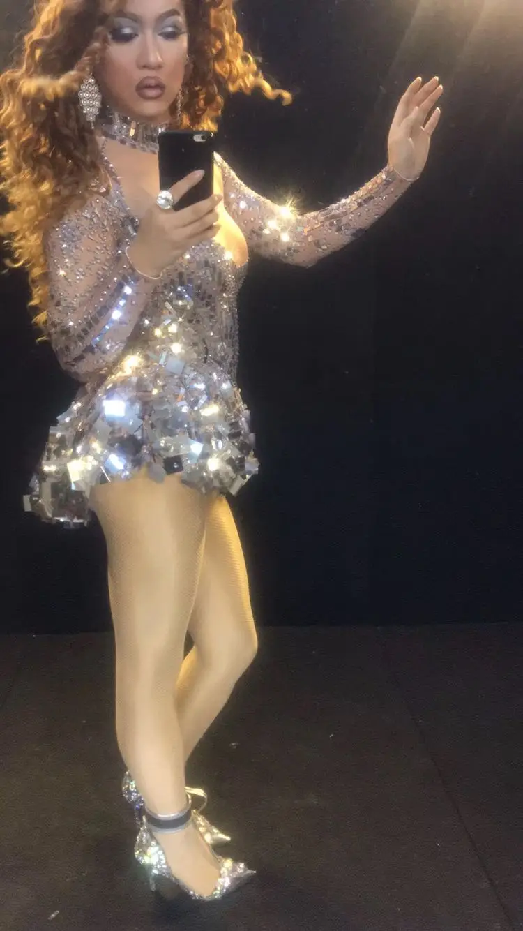 Блестящее Серебряное платье с зеркалом женское певица танцовщица яркий костюм