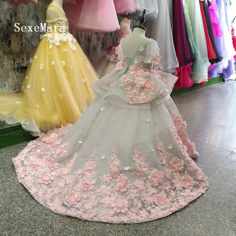 Luxury Flower Girl Dresses Ball Gowns 3D Flowers Applique Lace Princess Pageant Children Birthday Party Clothes | Детская одежда и