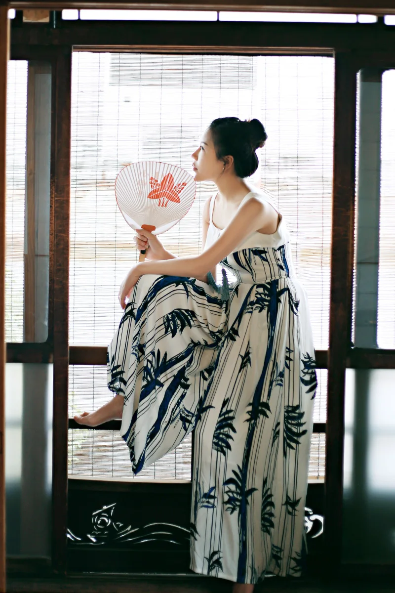 

MX203 New Arrivals 2017 vintage sleeveless spaghetti straps bamboo print chiffon wide leg pants jumpsuits women summer