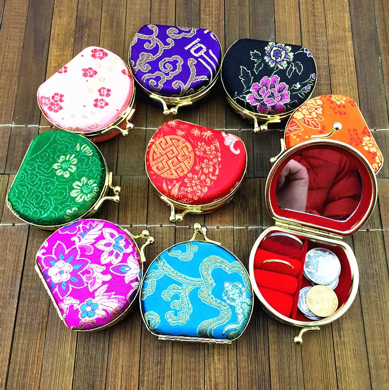 Mirrored Multi Ring Display Box Portable Travel Necklace Jewelry Set Gift Box Packaging Silk Brocade Storage Case 10pcs/lot