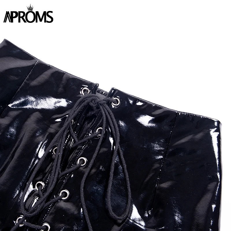 Aproms, элегантные черные, красные шорты из искусственной кожи, Женские сексуальные шорты с высокой талией на шнуровке, обтягивающие летние шорты, винтажные уличные шорты