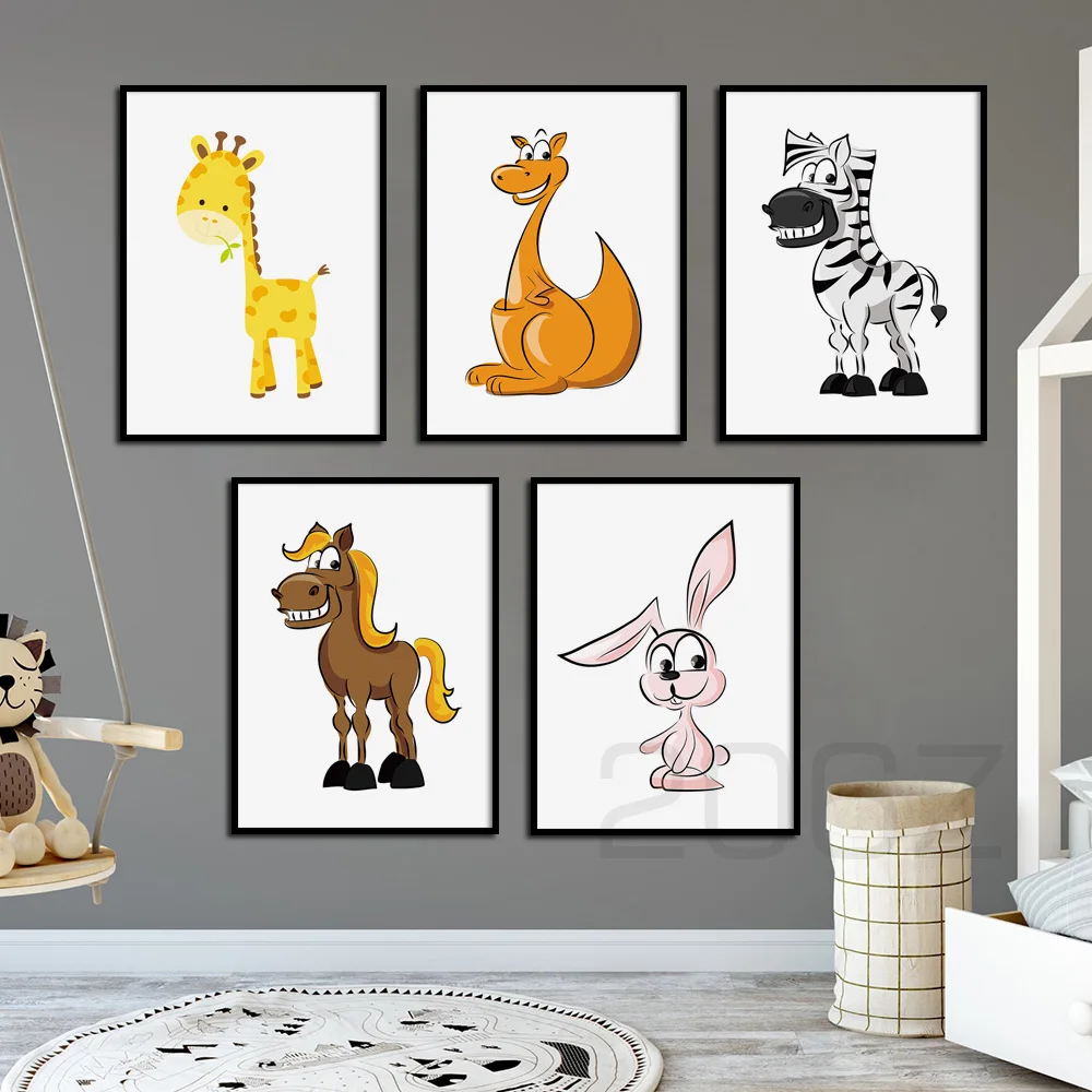 

Cartoon Giraffe Zebra Kangaroo Rabbit Nordic Posters And Prints Wall Art Canvas Painting Animals Wall Pictures Kids Room Decor