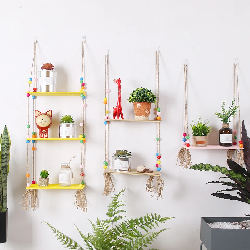 Бусины в скандинавском стиле цветные деревянные полки с веревкой настенное