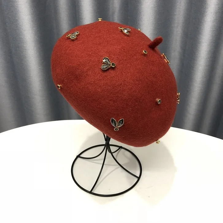 dark red VISROVER, зимний шерстяной берет с кристальной Пчелой, Женская шерстяная шапка, зимняя, осенняя, весенняя шапка, одноцветная, высокое качество, для женщин, Boina - Цвет: dark red
