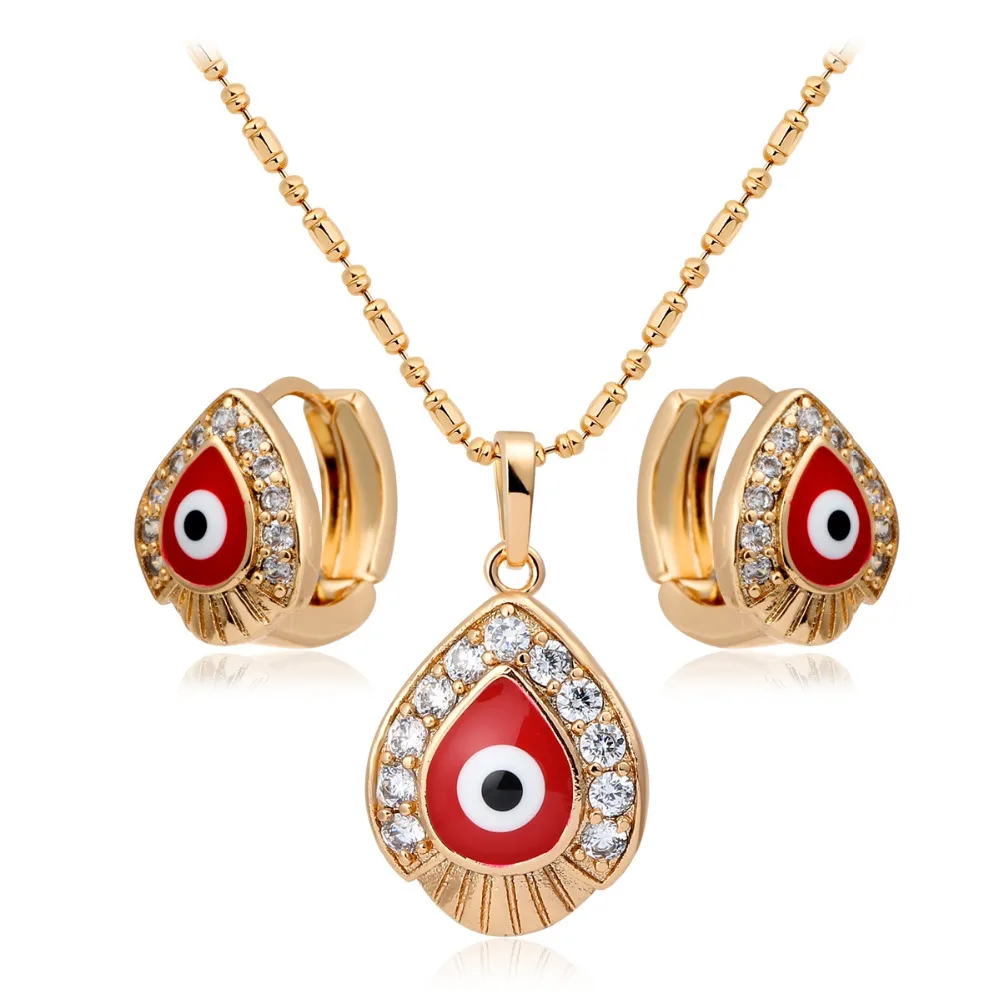 Yellow Gold Color Red Evil Eyes Paved CZ Teardrop Pendant Necklace Hoop Earrings Jewelry Sets for Womens Girls Kids Children|jewelry sets