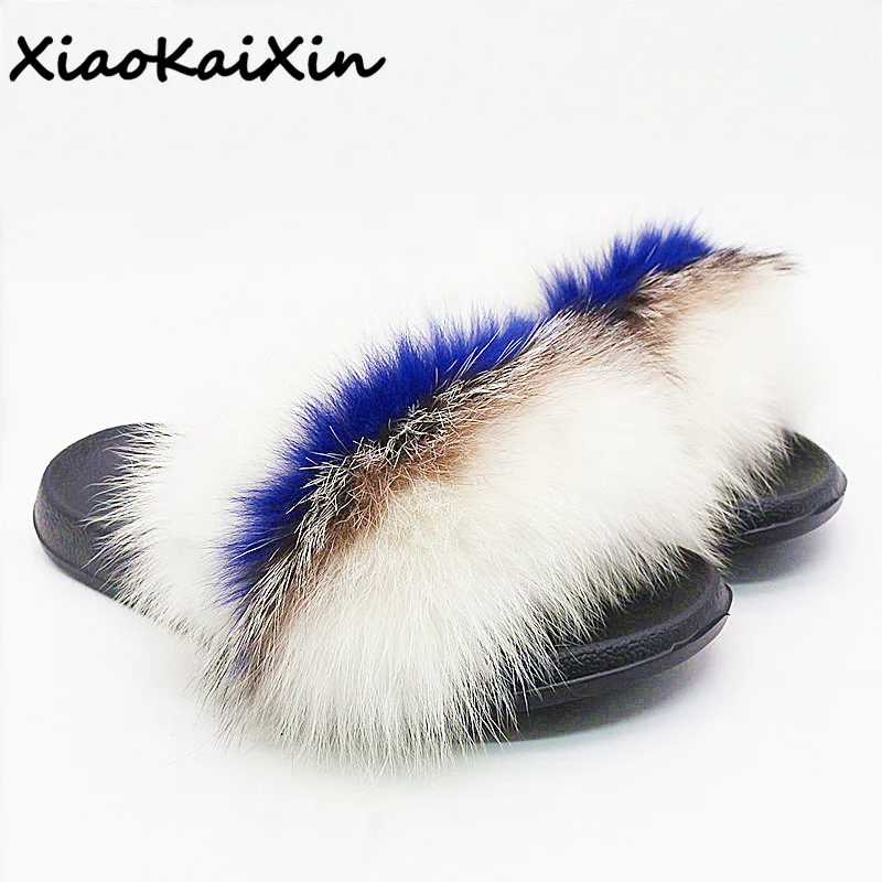 Шлепанцы из меха енота для мужчин и женщин роскошные пушистые сандалии дома