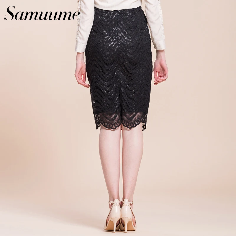 Samuume Высокая Талия Работа Bodycon юбка карандаш женские элегантные волна кружевные